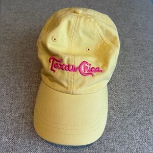Texas Chica hat Yellow and Pink.  Topo Chico Style lettering